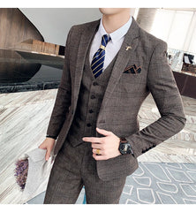 High Quality British Korean Modified Plaid Men (suit + Vest + Trousers) Stylish and Handsome Business Casual Three-piece Suit