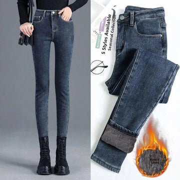 High Waist Fleece Lined Slim Fit Thickened Women's Jeans Winter Fashion Outerwear Elastic Long Pants Korean Casual Style