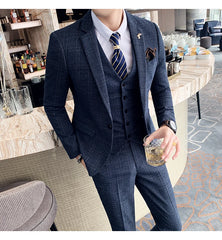 High Quality British Korean Modified Plaid Men (suit + Vest + Trousers) Stylish and Handsome Business Casual Three-piece Suit