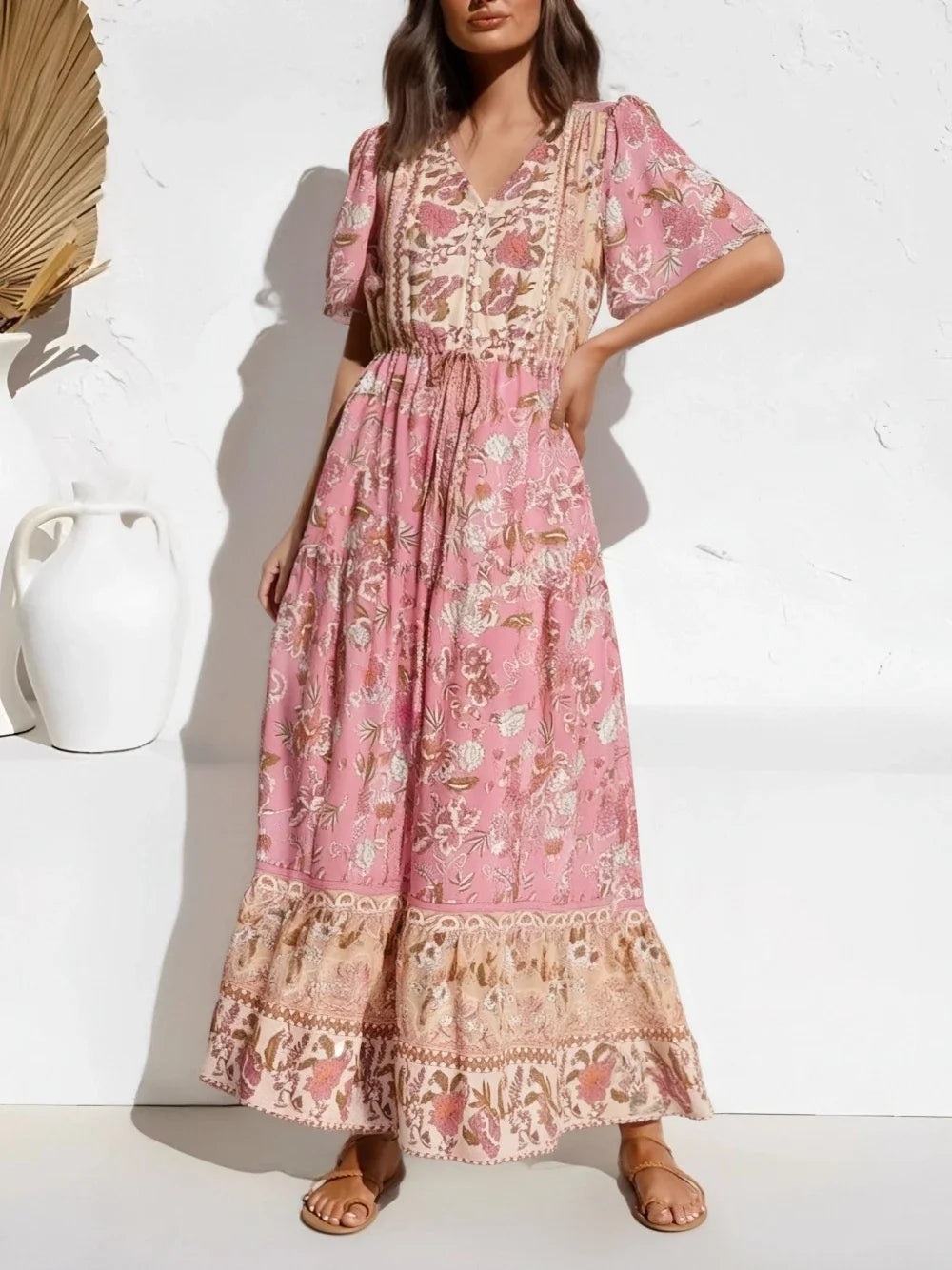 Vintage Chic Fashion Women Floral Print Short Sleeve Bohemian Maxi Dress Ladies Lace-up Rayon Summer Beach Boho Dress Vestidos