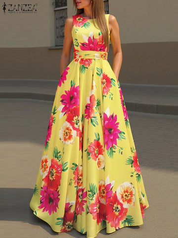 ZANZEA Women Bohemian Dress Fashion Floral Printed Tank Sundress 2025 Summer Sleeveless Waisted Robe Casual Party Maxi Dresses