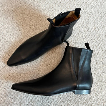 Black Genuine Leather Ankle Boots Ladies Pointed Toe Flat Bottom Chelsea Short Boots Winter Slip-On Shoes For Women Botas Mujer