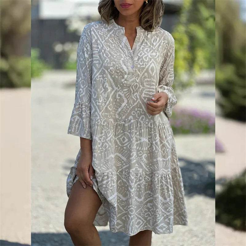 Women Flared Seven-quarter Sleeve Dresses Sweet Style Geometric Print Splicing Hem Cake Dress Female V Neck Pullover Casual Gown