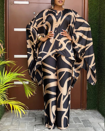 Women's 2 Pieces Outfit Abstract Print Batwing Sleeve Asymmetrical Top and Casual Wide Leg Pants Set Shipped Within 48 Hours