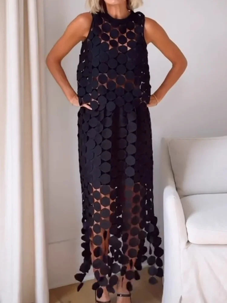 O Neck Hollow Top Two Pieces Sets, Women Summer Fashion Maxi Skirts Chic Outfit, 2025 Solid Tassel Patchwork Simple Ladies Suits