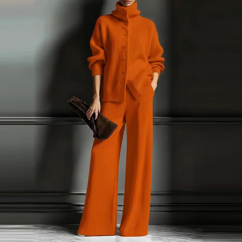 Autumn and Winter Thickened New Fashionable Women's Casual Set Comfortable Woolen High Neck Wide Leg Loose Set
