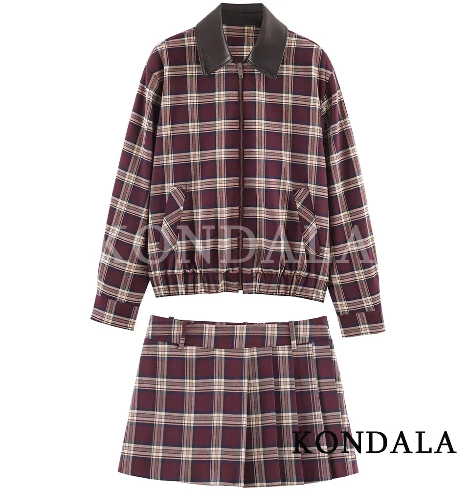 KONDALA Christmas Party Lady Trend Plaid Shorts Set Zipper Lapel Jacket Mini Shorts Fashion 2026 Winter Spring High Street Set