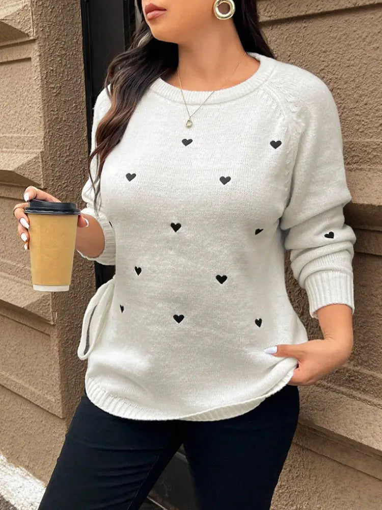 New Fashion Commuter Printed Love Round Neck Long Sleeve Sweater Tie Irregular Hem Women Tops All-Match Soft Knit Pullover Cute