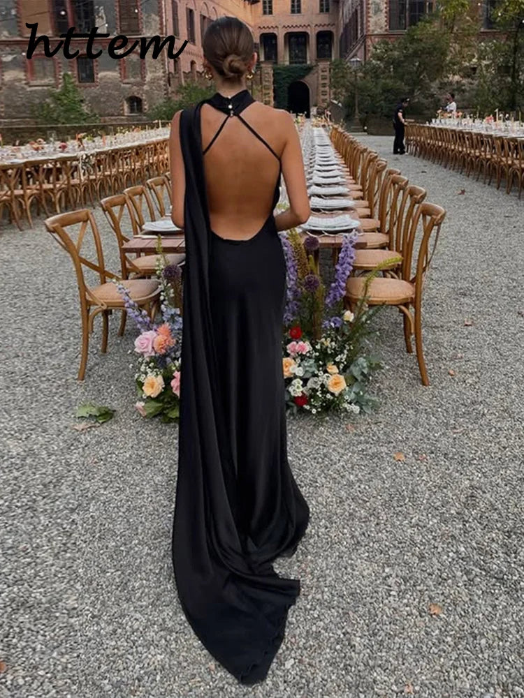 Elegant Ribbon Satin Long Party Dress Women Solid Sleeveless Backless Female Dresses 2026 Spring Summer Lady Chic Evening Gowns