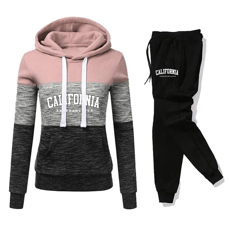 Womens Tracksuit Print Color Block Hooded Sweatshirt Black Sweatpants Fashion Versatile Pullover Street Fashion Casual Outfits