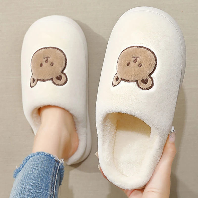 Cute Bear Cotton Slippers for Woman Winter Indoor Non-slip Slides Plush Warm Men Home Sandals Flat Shoe Couples Flip Flops