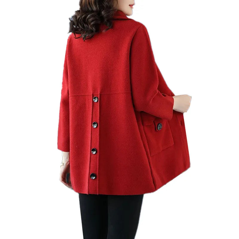 New Spring Autumn Double-Sided Tweed Coat Fashion Middle-Aged And Elderly Mom Long Sleeves Loose Jacket Female Outerwear T1503