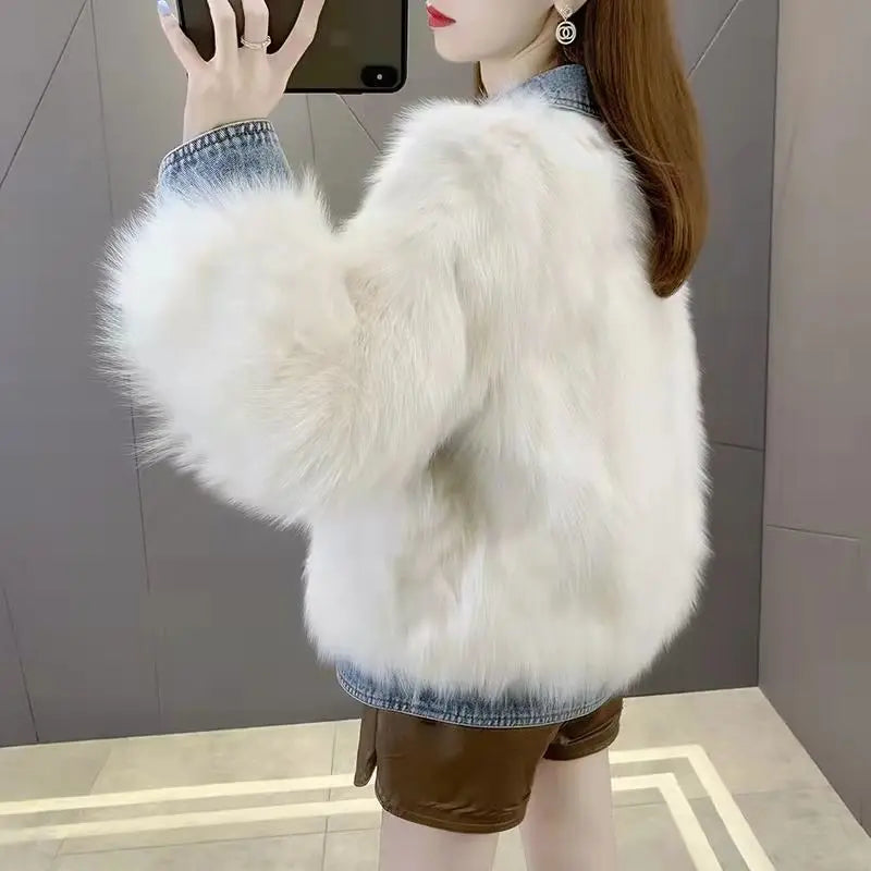 fashion Denim fur coat women 2025 winter new Korean imitation fox fur thick Warm jacket Female Long sleeve loose outerwear T789