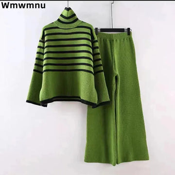 Casual Warm Knitted Women 2 Peice Sets Korea Stripe Turtleneck Sweater Tops Conjunto High Waist Ankle Lenght Wide Leg Pants Suit