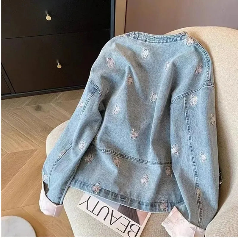 2026 Spring Autumn Denim Jacket Women's Design Sense Age-reducing Lady Outerwear Jacquard Single-Breasted Cowboy Coat Outwear