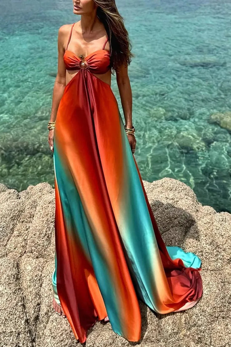 Sexy Gradient Hollow Out Maxi Dress Women Backless Sleeveless Sling Long Dresses 2025 Summer Vacation Boho Beach Satin Robes