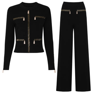 25285 High Quality Spring and Autumn Fashion Style Hot Diamond Elastic Knitted Casual Style Hoodie Top+Pants Women's Set