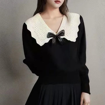 Sweaters Doll Collar Bow Knitted Sweater Women Pullovers New Long Sleeve Knit Sweater Pullover Women Tops Sueters De Mujer Q1785