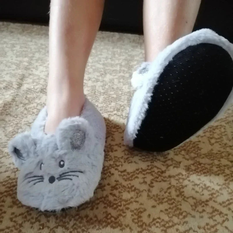 Home Fuzzy Slipper Women Winter Fur Warm Plush Non Slip Grip Indoor Fluffy Lazy Female Mouse Ears Floor Shoe Sneaker Living Room