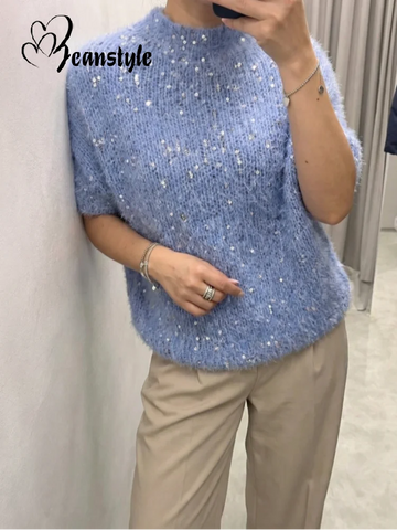 Casual Solid Sequin Sweater Women Fashion Knitted O-Neck Short Sleeve Loose Lady Pullover 2026 Spring Chic Female Streetwear