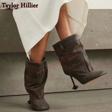 Autumn Special-Shaped Square Toe Short Boots Blue Stitching Cowboy Women'S Boots Fashion Party Catwalk Slip-On Luxury Short Boot