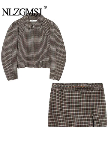 Nlzgmsj 2025 Autumn Casual Chic Office Lady Women  Plaid  Zipper Bomber Plaid Mini Skirts Two Piece Fashion Sets