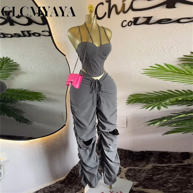 GLCMYAYA Street Fashion Women's Set Strap Tunic Crop Tops and Stacked Ruched Pants 2025 Holiday Vacation Two 2 Piece Set Outfits