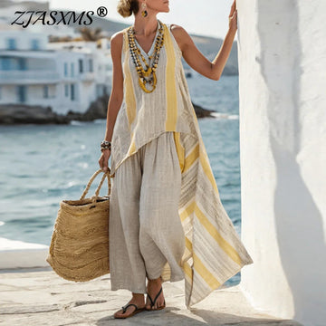 Harajuku Retro Striped Print Vacation Outfits Woman Spring V Neck Irregular Long Top & Wide Leg Pant Sets Sleeveless Summer Suit