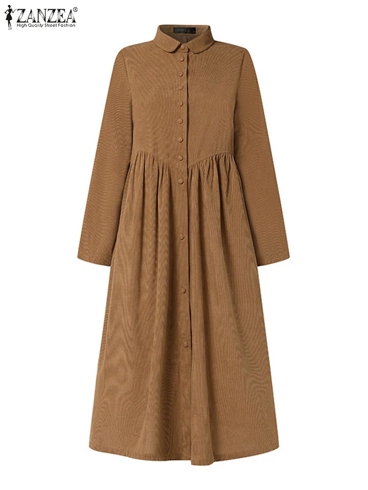 Women Autumn Corduroy Dress ZANZEA Casual Long Sleeve Buttons Up Sundress Solid Loose Holiday Vestido Kaftan Vintage Shirt Dress