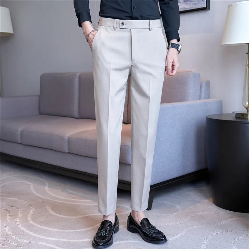 2024 Autumn Men Blue Suit Pants Casual Elastic Slim Fit Formal Dress White Trousers Pantalon Homme Wedding Party Men Clothing