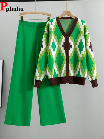 Korean Design Knitted 2 Piece Sets Casual High Waist Sweatpants Outfit Women V-neck Long Sleeve Knitwears Cardigan Tops Suits