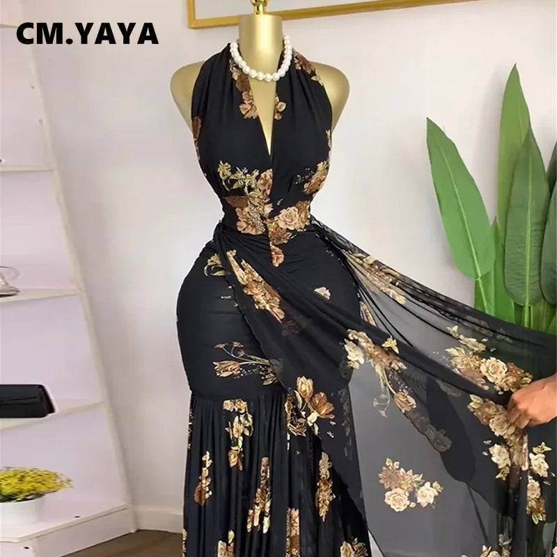 CM.YAYA Women Halter V-neck Backless Floral Sleeveless Ruffles Ruched Maxi Long Dress 2025 Vacation Sexy Party Evening Dresses