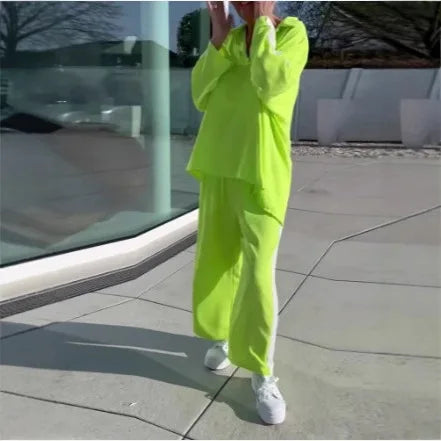 Autumn Women Contrasting Striped Lapel Long Sleeves Fashionable Casual Loose Wide-leg Pants Two-piece Set New Sports Suit For