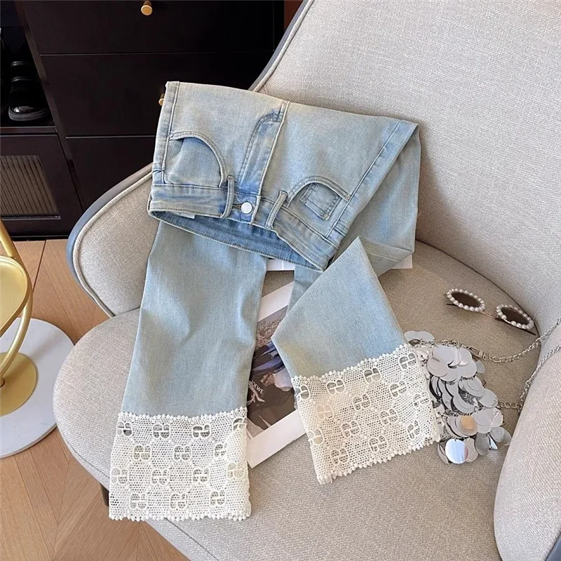 Spring Summer New Ladies Lace Stitching Jeans Women High Waist Straight Cowboy Pants Female Nine Points Denim Pants Tide T970