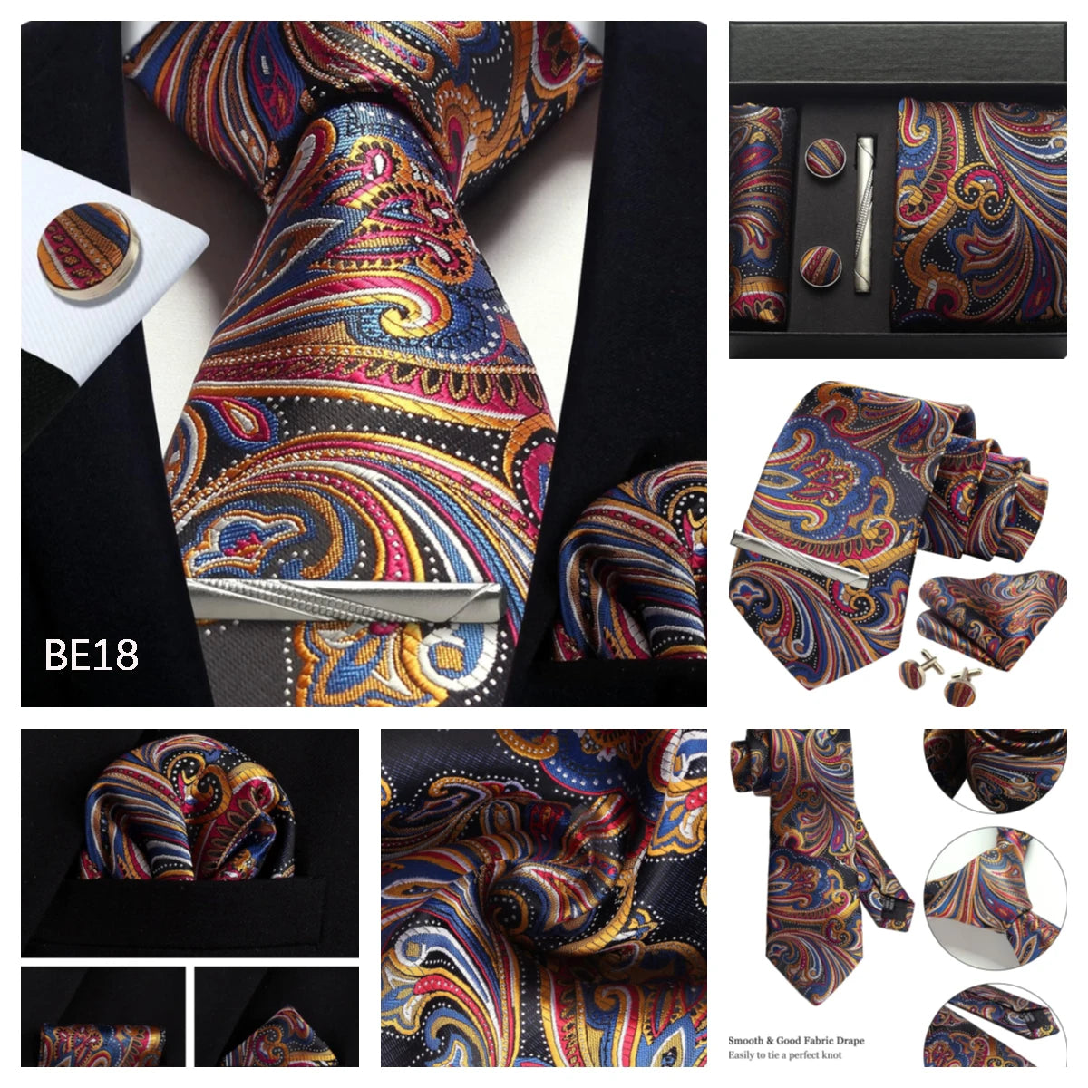 100% Silk Necktie Paisley Floral Mens Tie Top Quality Business Tie Pocket Square Tie Clip Cufflinks Set Classic For Men Gift Box