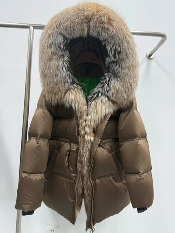 Natural Real Fur Fox Fur Jacket Thick Women Loose Hooded White Goose Down Coat Warm Female New Autumn Winter Puffer Jacket Lady