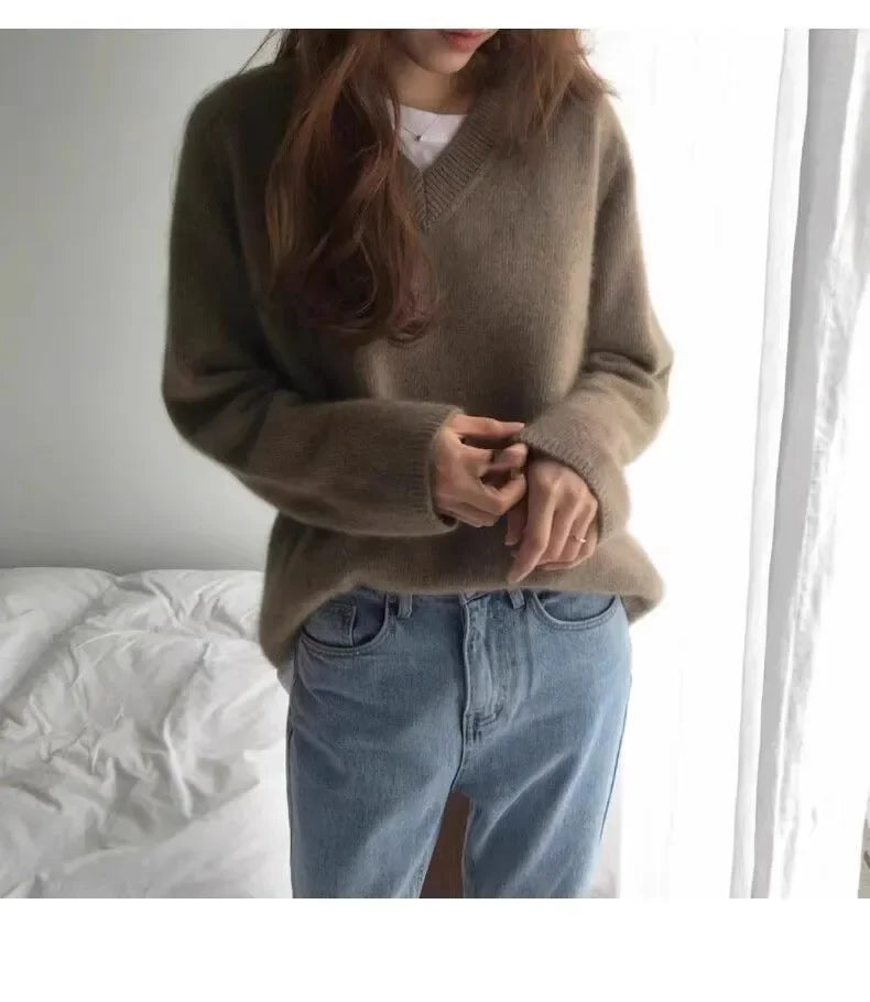 Women's Autumn Winter V-Neck Cashmere Sweater 100% Pure Mountain Thick Short Pullover Loose Knit Long Sleeve Bottoming Shirt