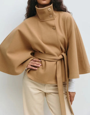 Fashion Solid Women's Lace Up Cape Coats Loose Stand Collar Batwing Sleeve Button Leisure Jackets 2025 Autumn Streetwear