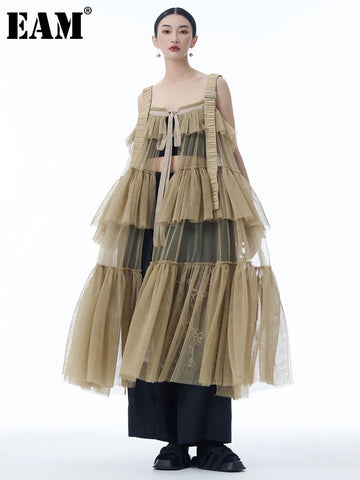 [EAM] Women Black Mesh Perspective Big Size Strap Dress New Square Collar Sleeveless Fashion Tide Spring Summer 2026 1DJ1242