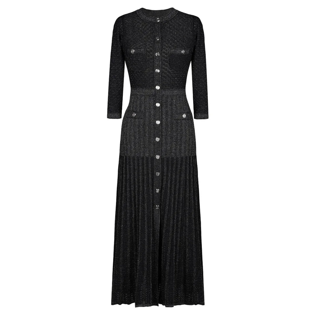 New 2025 Women's Knitted Long Dress round Neck See through Slimming Gown Full Sleeve Ankle Length Regular Waistline Design