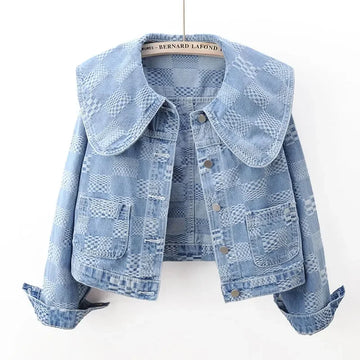 Women Denim Jacket Navy Collar Jacquard Fashion Long Sleeve Short Jeans Coat Female Korean Casual Loose Cowboy Outerwear T925