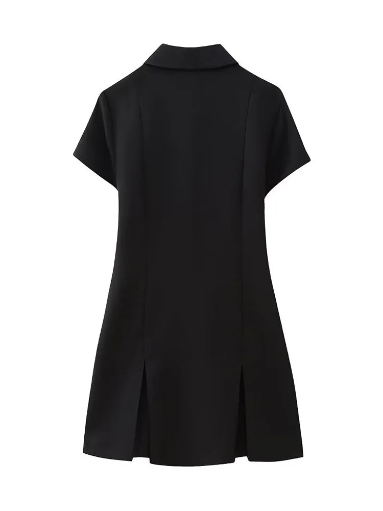 Willshela Women Fashion Solid Pleated Front Zipper Mini Dress Vintage Lapel Neck Short Sleeves Female Chic Lady Dresses