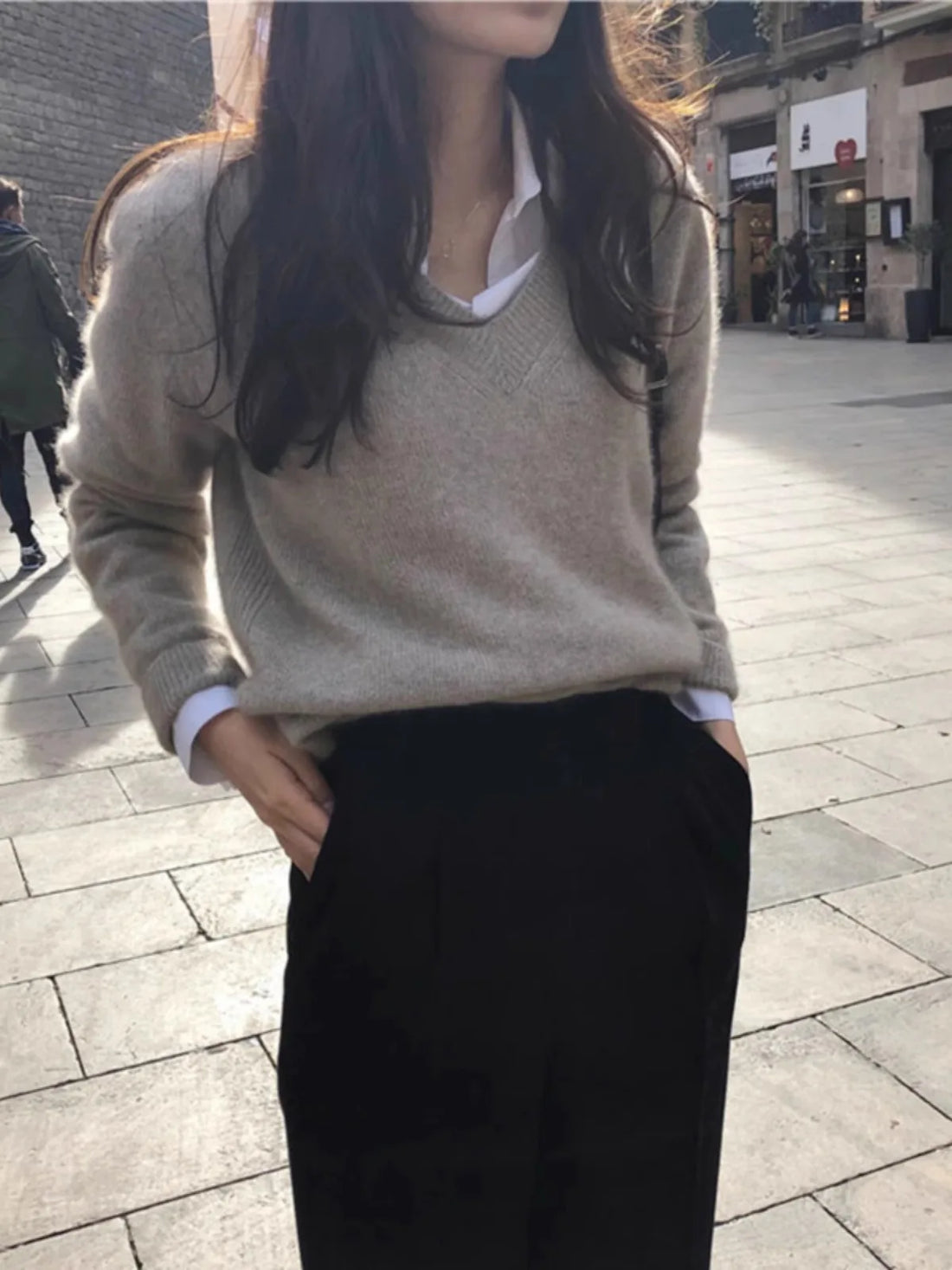 Foreign style V-neck 100% pure cashmere sweater women's pullover autumn and winter loose wool base shirt