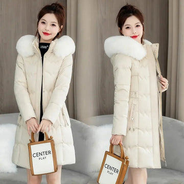 Winter Parkas Women Down Cotton Jacket big fur collar hooded New fashion Mid-Length Thick Padded Coat Female slim overcoat T544