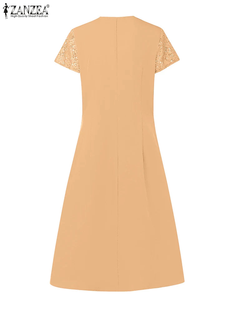 ZANZEA Summer Women Dresses 2025 Elegant Lace Patchwork Sundress Fashion O Neck Short Sleeve Holiday Party Vestidos Robe Femme