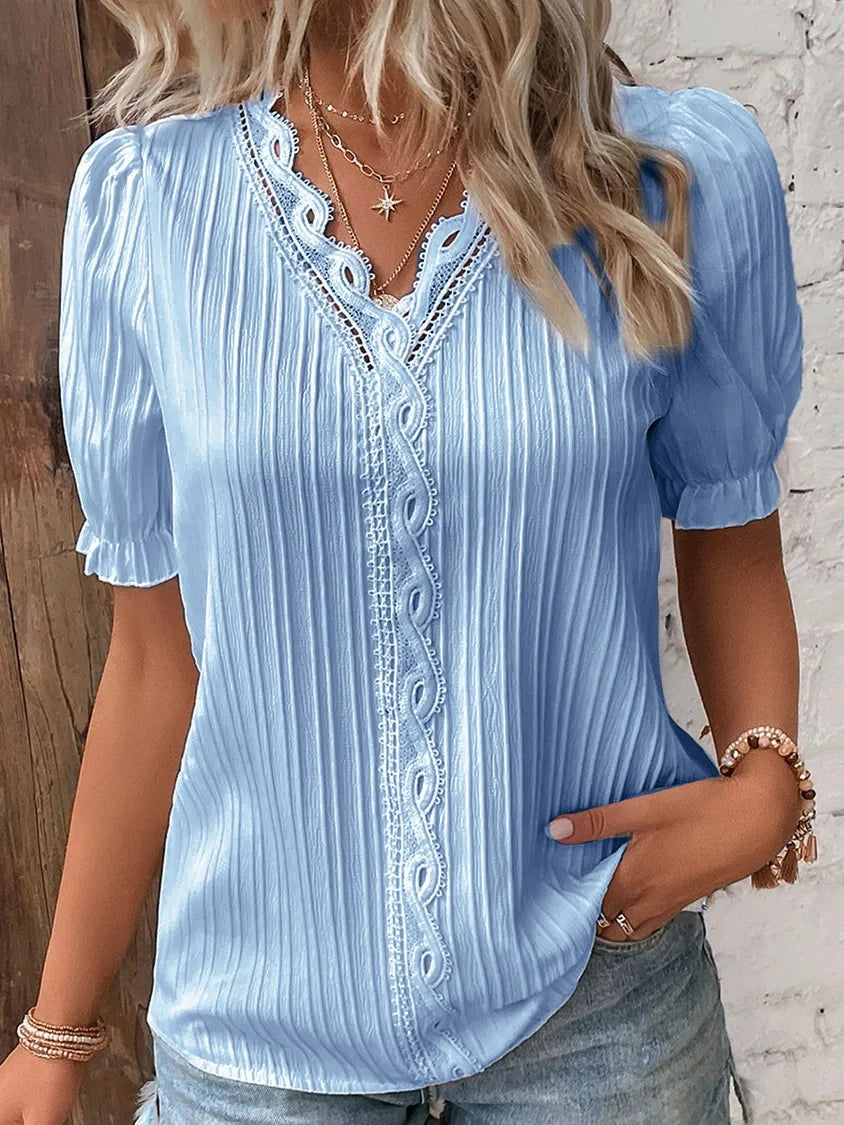 Women's Summer New Top Solid Sexy V-Neck Hollow Short Sleeve Shirt Fashion Splice Plus Size Blouse Loose Street Apparel