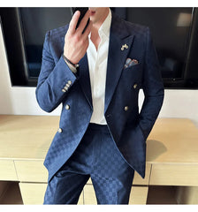 (Jacket+Pants) 2 Pieces Blue Apricot Business Party Men Suits Double Breasted Formal Style Custom Made Wedding Groom Tuxedos