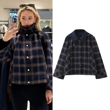 HipSeam Women Plaid Jacket with Hoode Spring Autumn Turn Down Collar Button Women's Jackets Vintage Lady Coats Female Tops