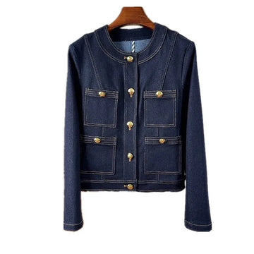 Fashion Short Denim Coat Women Tops 2025 Spring And Autumn New Vintage O-Neck Pockets Jeans Jacket Female Loose Outerwear T877