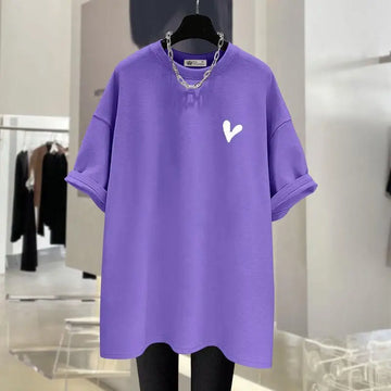 Women Clothing Fashion Little Love Printing Basic T-shirts Summer Casual Pure Cotton O-neck Short Sleeve Top Tee Loose Pullover